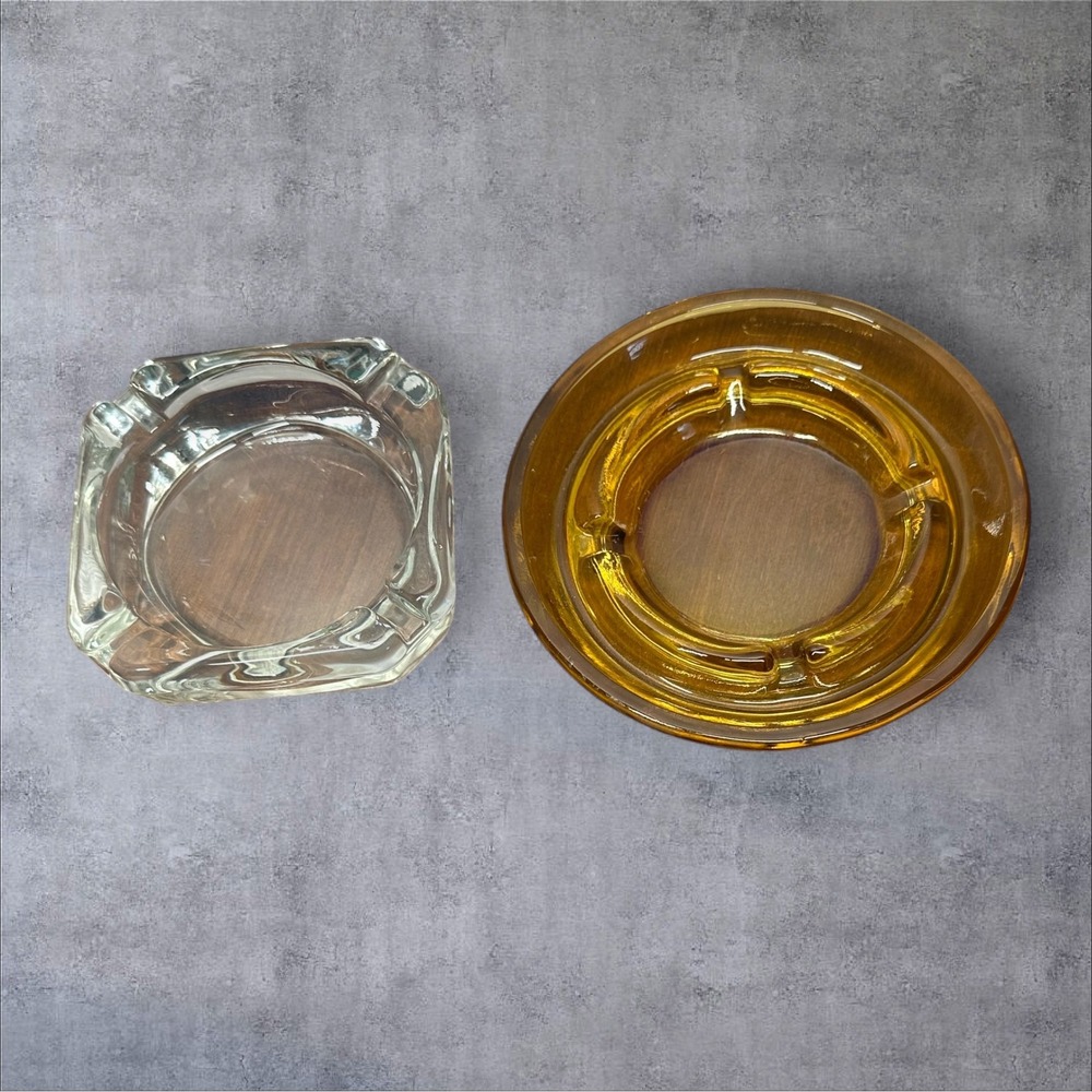 Ashtray Set Amber‎ Clear Excellent Vintage Glass MCM 2pc